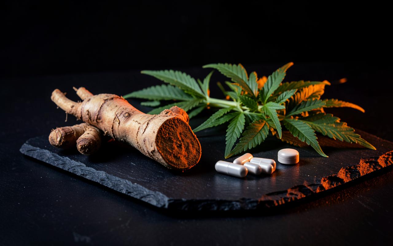 Ginseng root, herbal leaves and capsules on a dark slate board representing HorseWood ingredients