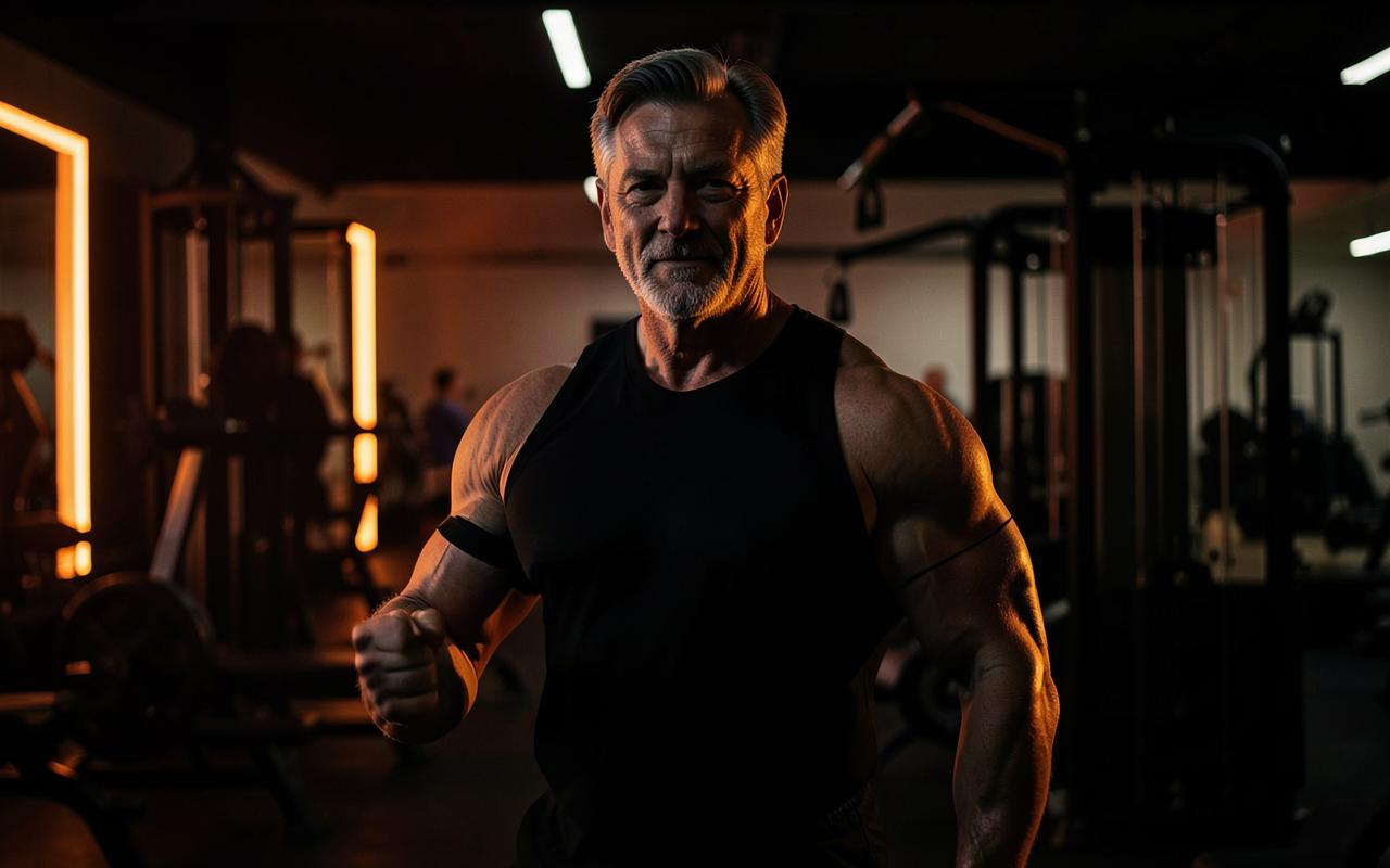 Man in his fifties training in a gym, illustrating the energy and confidence HorseWood targets